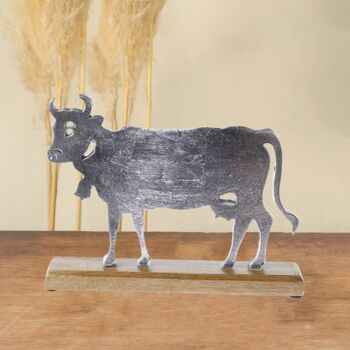 Vache en aluminium sur socle en bois, 30 x 5 x 22 cm, argent, 802089 2