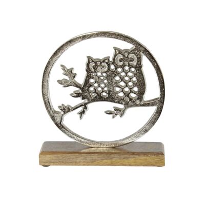 Paire de chouettes en aluminium sur une branche, 20 x 5 x 22 cm, argent, 802409