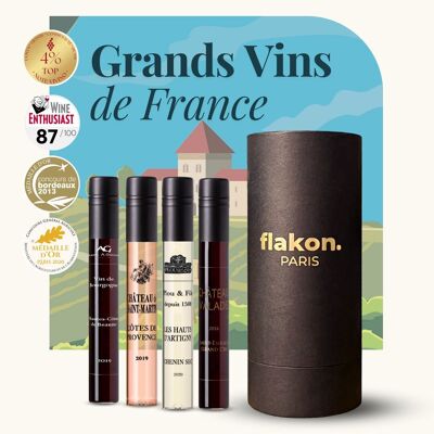 COFFRET ŒNOLOGIE - GRANDS VINS DE FRANCE - 4 FLACONS DE VINS DE 10CL - 2 ROUGES, 1 BLANC, 1 ROSÉ - FLAKON