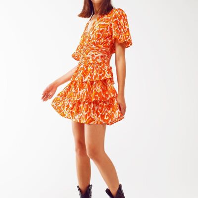 Minikleid mit V-Ausschnitt und floralem Orangendruck