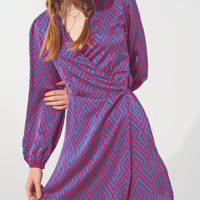 Mini V Neck Wrap Dress with Geometric Print