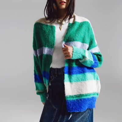 Multicolored fluffy long cardigan in blue and green