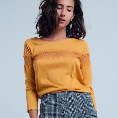 Mustard 3/4 Sleeve T-Shirt With Eyelash Trim