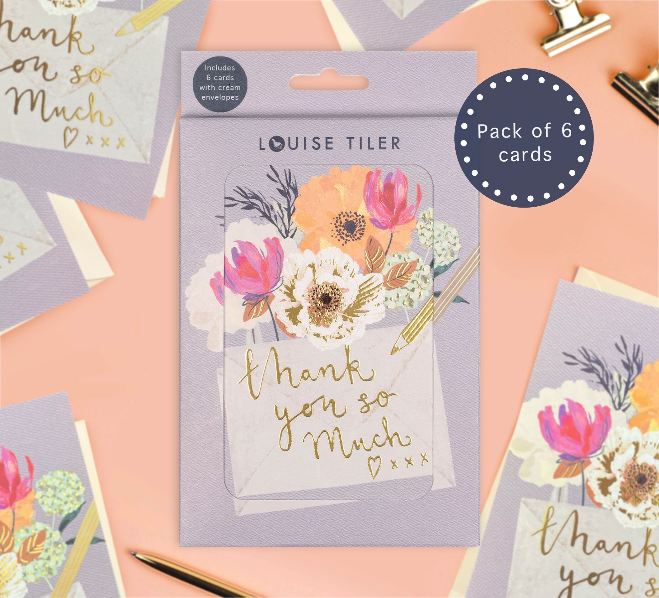 Busta di ringraziamento con fiori, confezione da 6 biglietti in scatola