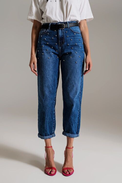 Mom Jeans With Embellished Details in Mid Blue Wash