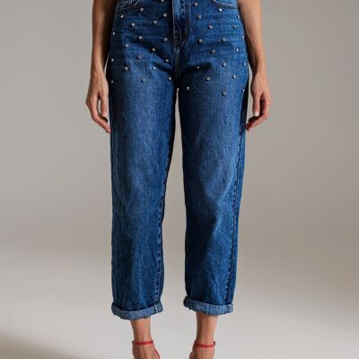 Mom-Jeans mit verzierten Details in mittelblauer Waschung