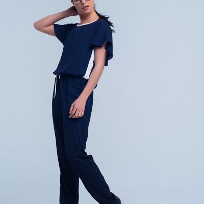 Navy blue jumpsuit with short sleeve and ruffle detail