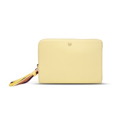 Exs-25569 Agape Recycled Pu Pompon Tablet-Beutel gelb