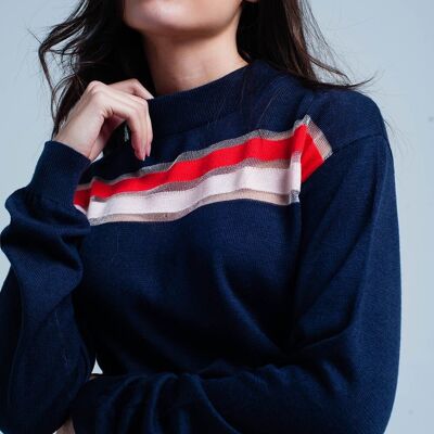 Pull en maille fine bleu marine à rayures transparentes