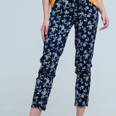 Navy floral pants with a belt