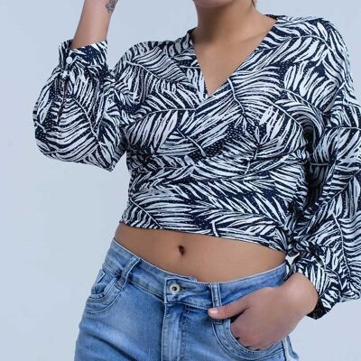 Navy leaf print blouse with plunge neck