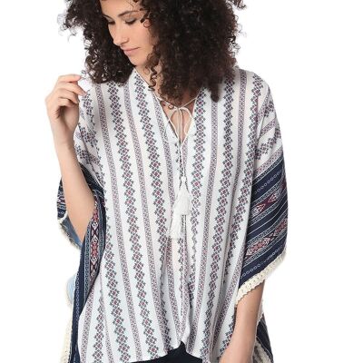 Top poncho extragrande azul marino con estampado tribal