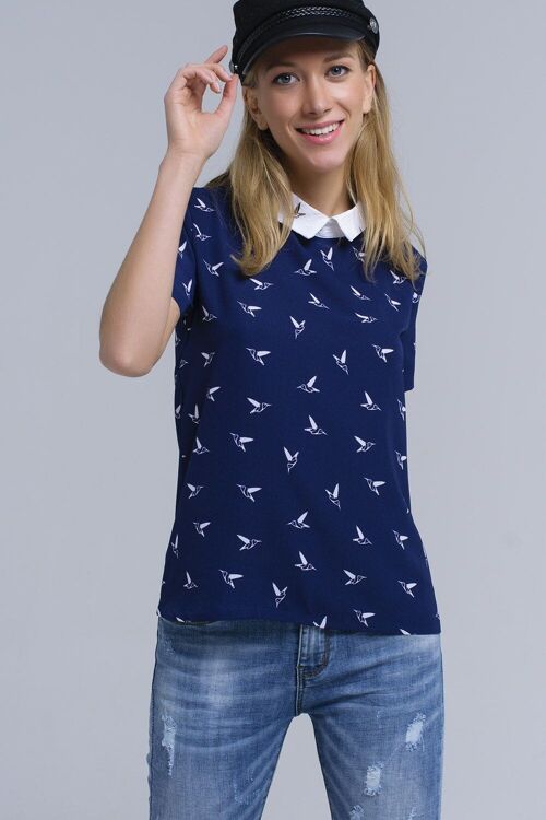 Navy shirt with printed birds