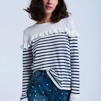 Navy striped sweater with ruffles