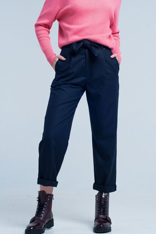 Navy Wide Pants with Bow Tie