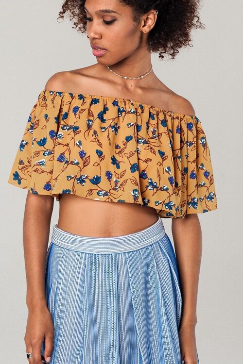 Off shoulder floral crop top in mustard