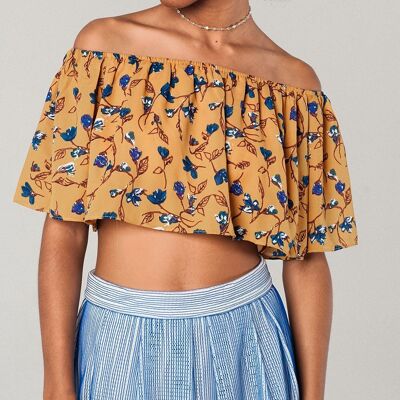 Off shoulder floral crop top in mustard