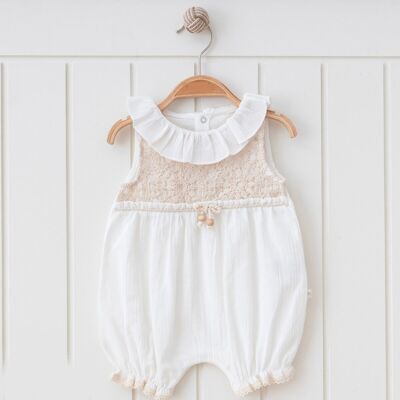 A Pack of Four 100% Cotton Muslin Natural Lace, Bead Designed Romper