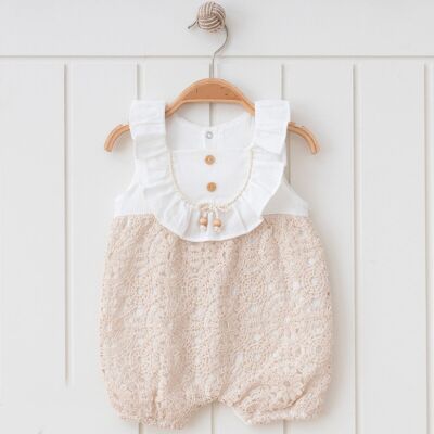 100% Cotton Muslin Natural Lace, Bead Designed Romper