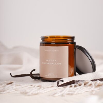 vanilla marshmallow, natural soy wax candle, amber glass pot