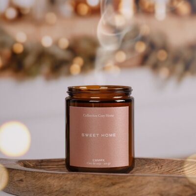 sweet home, cozy wooden wick candle, natural vegan candle