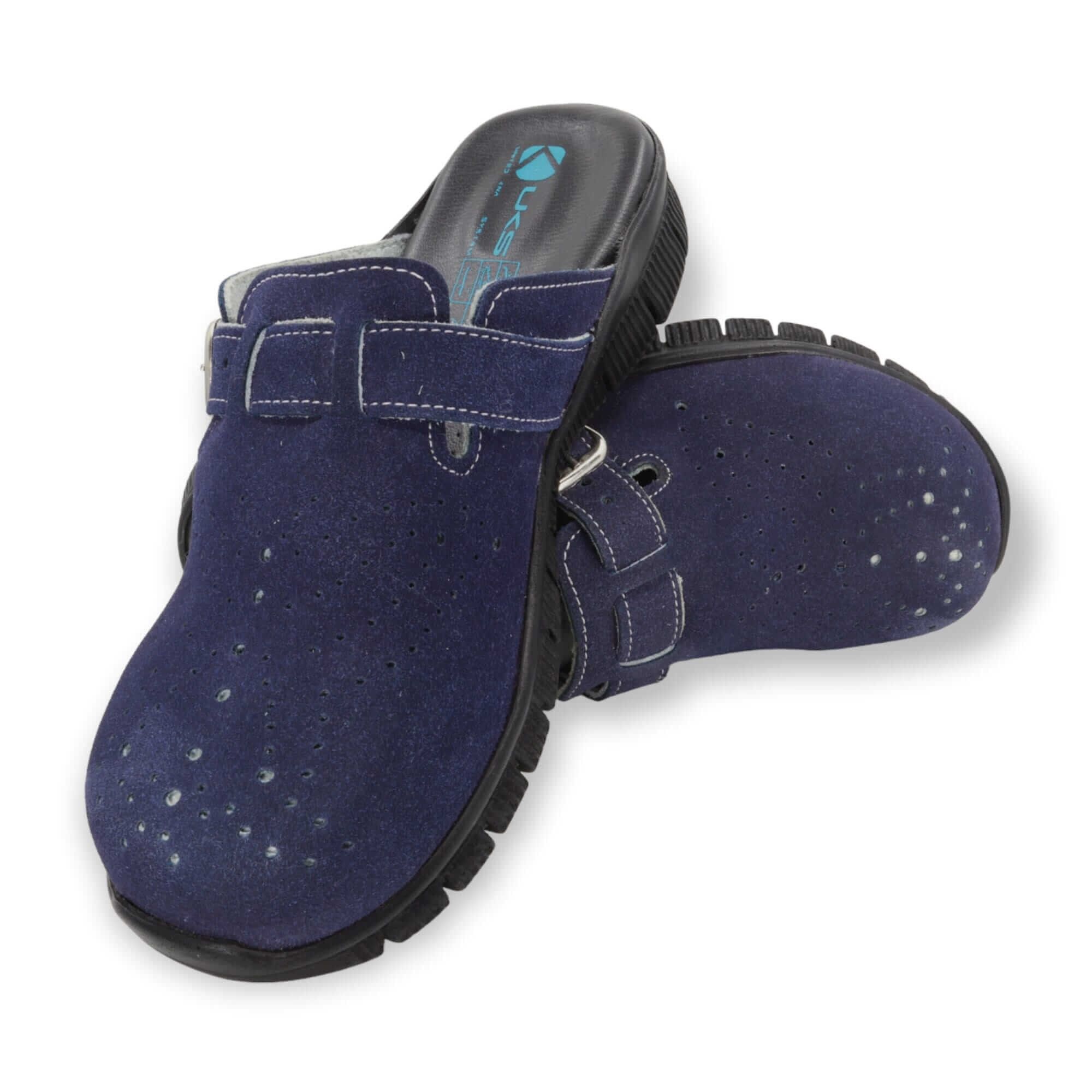 Zuecos de piel Comfortflex azul marino con mariposas de nobuk