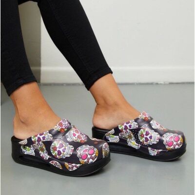 Pantuflas tipo zuecos de cuero Skull Flower Air Clogx