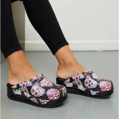 Pantofole con zoccoli in pelle Skull Flower Air Clogx