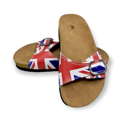Sandalias de cuero con punta abierta y banda única con bandera británica
