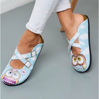 Blaue Eulen-Slipper-Clogs aus Leder mit Kreuzband