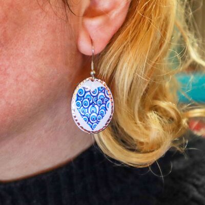 Blue White Heart Copper Circle Earring