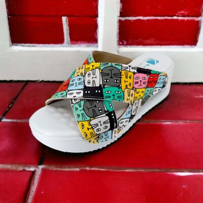 Colorful Cats Cross Band Air Clogx Leather Open Toe Slippers Clogs