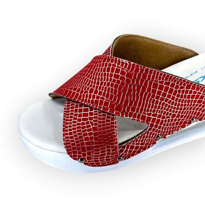 Red Silver Glittery Cross Band Air Clogx Leather Open Toe Slippers Clogs