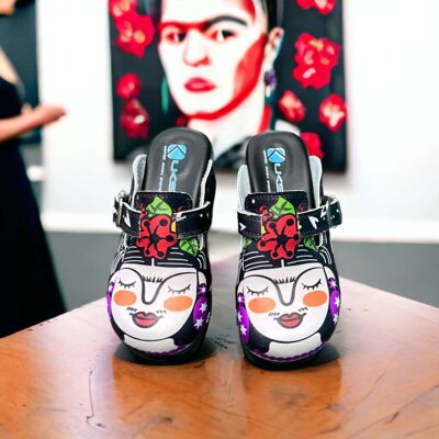 Pantoufles sabots en cuir noir Frida Kahlo Air Clogx 224