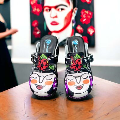 Pantofole zoccoli in pelle nera Frida Kahlo Air Clogx 224