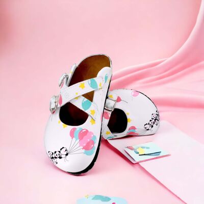 Zuecos de banda cruzada de cuero de corcho con globo panda, zapatilla, zuecos de mulas Boston, regalo para mujeres, antideslizante, súper cómodo, hecho a mano, tacón bajo