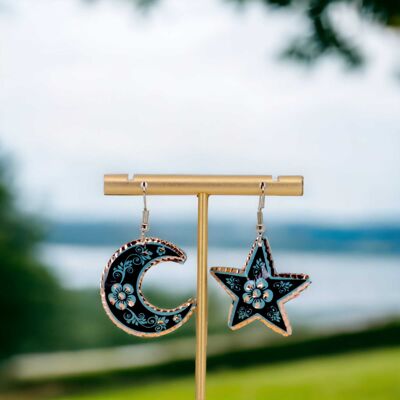 Turquoise Moon Star Copper Earrings