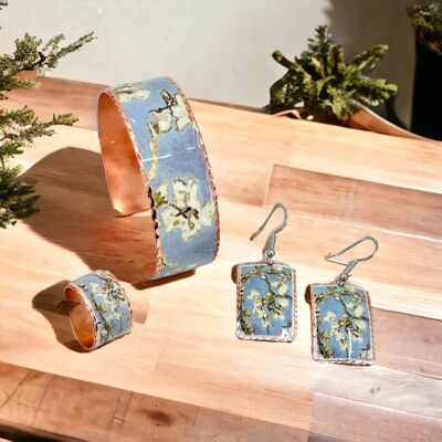 Van Gogh Mandelblüte Kupfer verstellbarer Ring, Ohrringe, Armband-Set