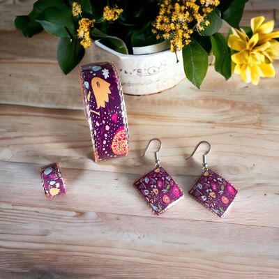 Purple Flowers Copper Handmade Adjustable Ring Earrings Bracelet Set