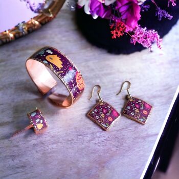 Ensemble de bracelets et boucles d'oreilles réglables en cuivre, fleurs violettes, faites à la main 3