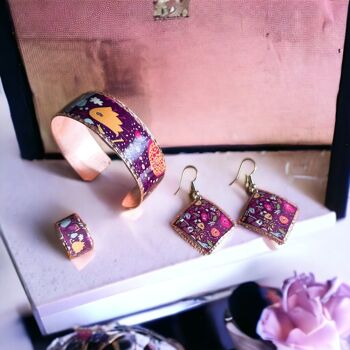 Ensemble de bracelets et boucles d'oreilles réglables en cuivre, fleurs violettes, faites à la main 5