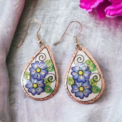 Drop Shaped Blue Flowers Copper Circle Earring