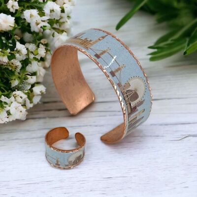 London Copper Adjustable Ring Bracelet Jewelry Set