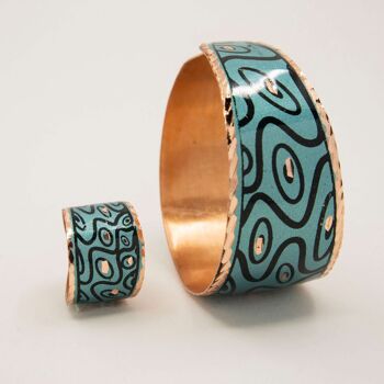 Ensemble de bracelets et bagues réglables en cuivre aux formes courbes turquoise 7