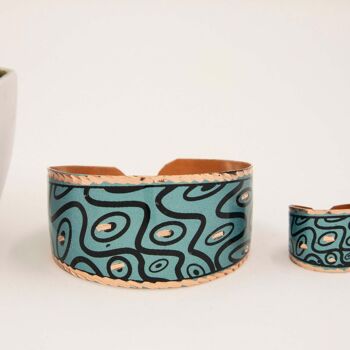 Ensemble de bracelets et bagues réglables en cuivre aux formes courbes turquoise 10