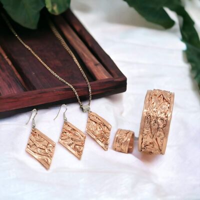 Copper Wrinkled Necklace Earring Adjustable Ring Bracelet Jewellery Set