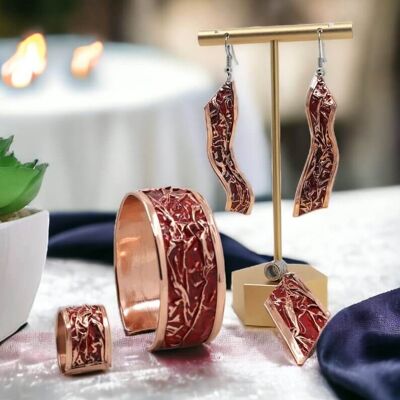 Red Patterned Copper Wrinkled Necklace Earring Adjustable Ring Bracelet Set