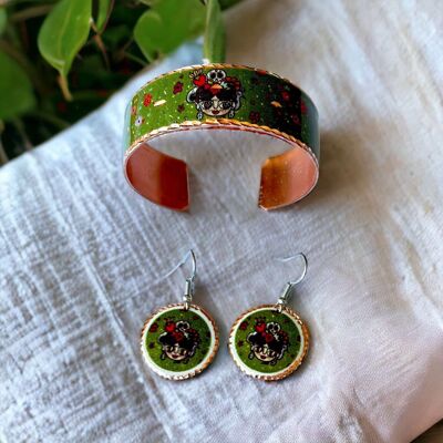 Frida Kahlo Patterned Copper Bracelet Earrings Jewellery Set