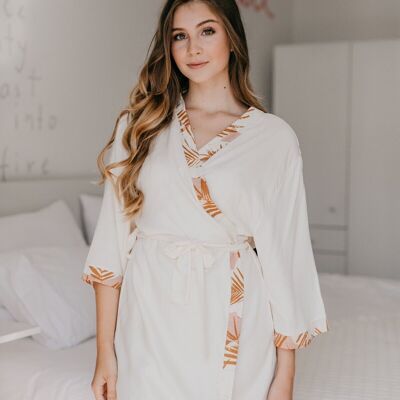 Ivory robe with floral tan trim