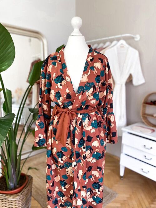 Floral terra cotta ruffle robe